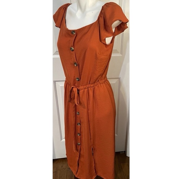 Millenium Off Shoulder Button Up Dress Orange Womens Size Large Elastic Waist - Picture 5 of 6